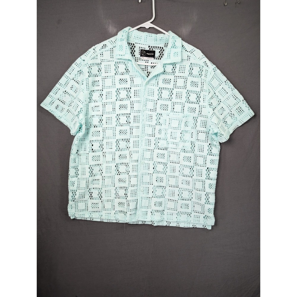 Original Use Mens Short Sleeve Crochet Button Down Shirt Aqua XL 043188010